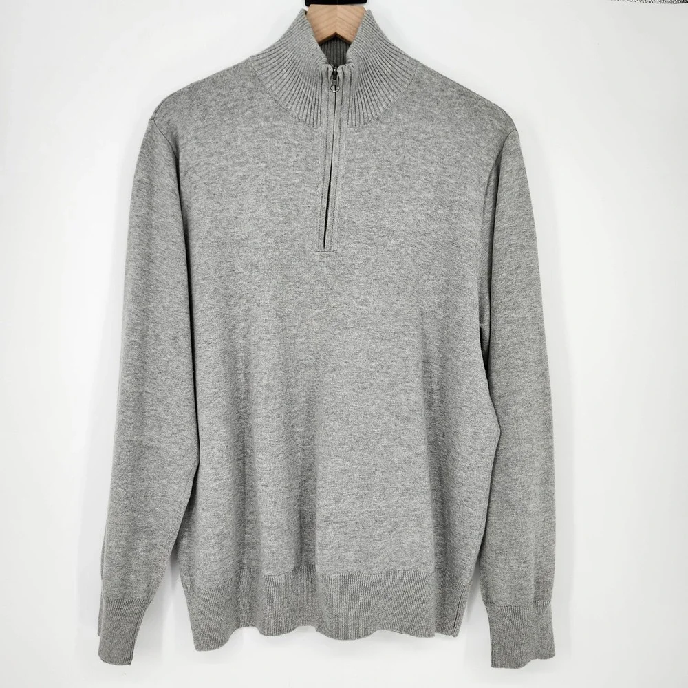 J. Crew Grey Cotton 1/4 Zip‎ Mock Neck Sweater Mens Large Preppy Classic Weekend